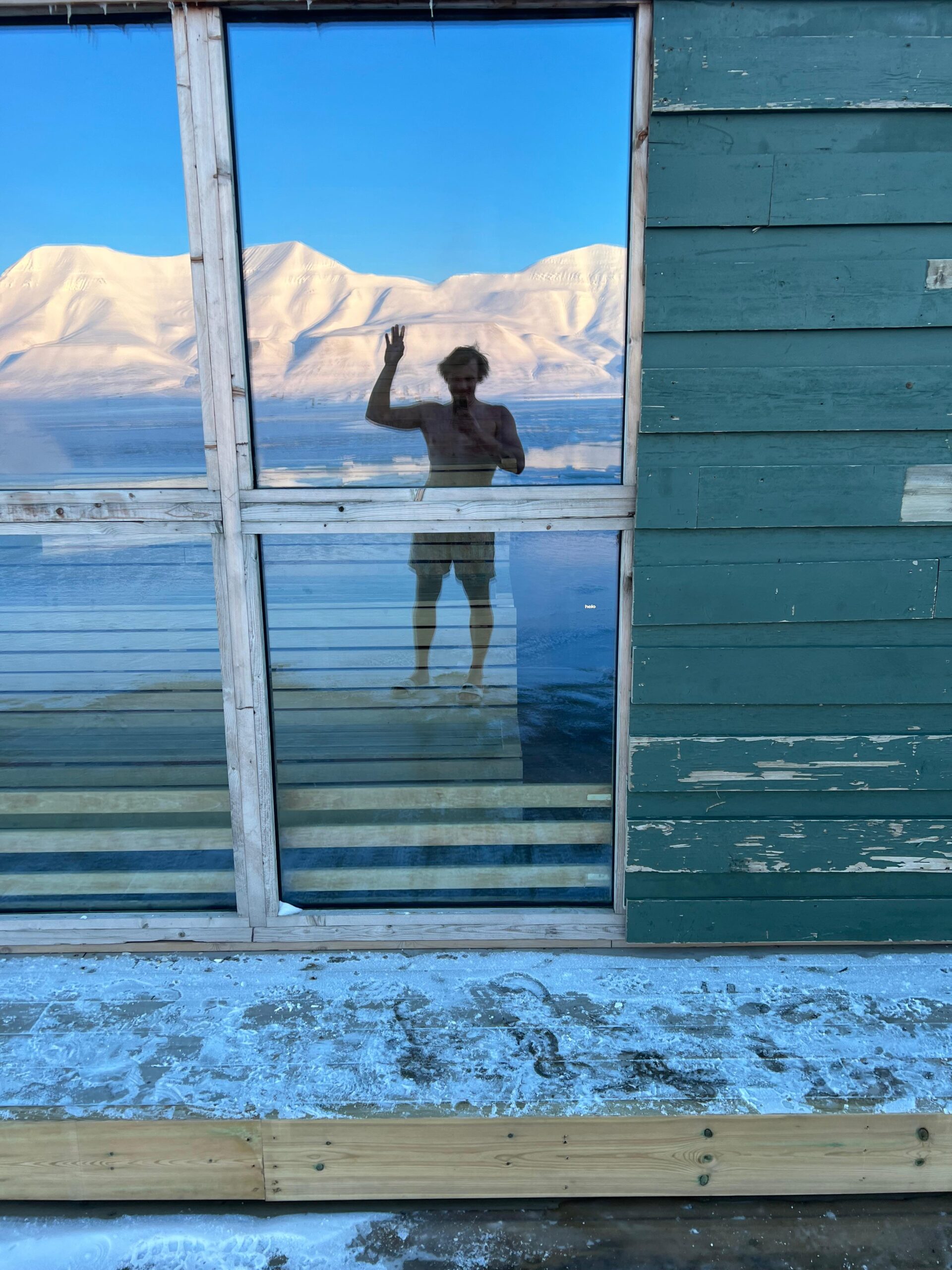 View from sauna overlooking Isfjorden after an Arctic plunge in Longyearbyen
