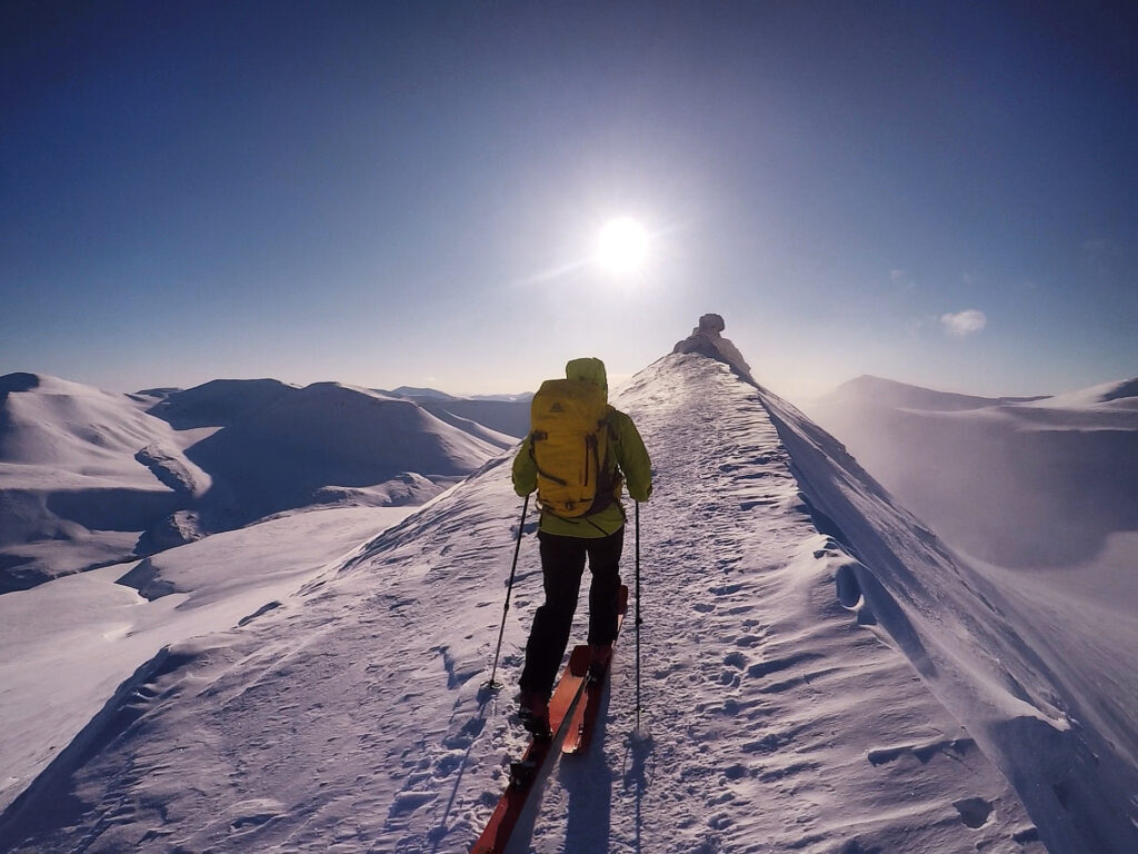 The midnight sun provides long days and long nights where we can do ski touring by night and skitouring by day. Come join us in our backyard