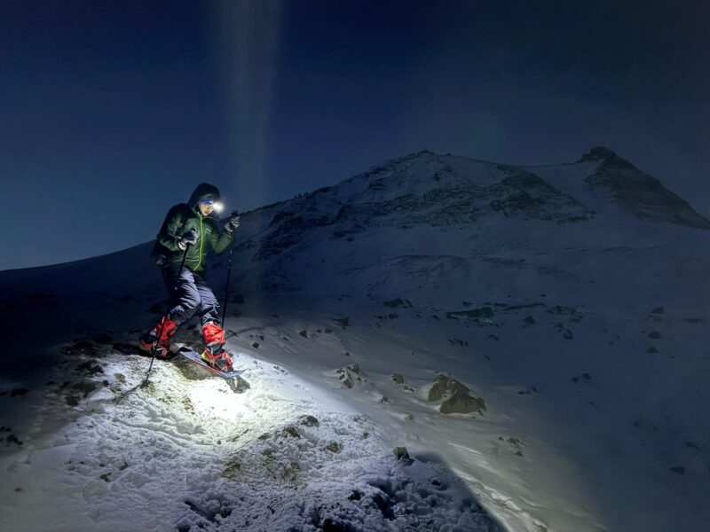 Guided snowshoe hike on Longyearbreen glacier near Longyearbyen, Svalbard during winter