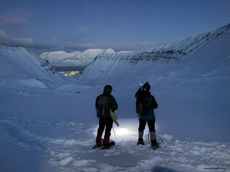 Exploring Arctic glacier landscape with sikes or snowshoes under the northern lights.