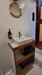 The interior view of the toilet and shower facilities aboard the expedition ship Saeftinghe in Svalbard