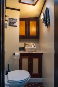 The interior view of the toilet and shower facilities aboard the expedition ship Saeftinghe in Svalbard