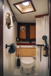 The interior view of the toilet and shower facilities aboard the expedition ship Saeftinghe in Svalbard