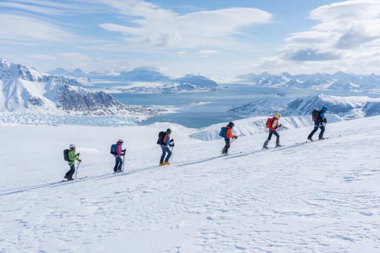 Ascent for a small group of backcountry skiiers on a Ski and Sail expedition in Svalbard