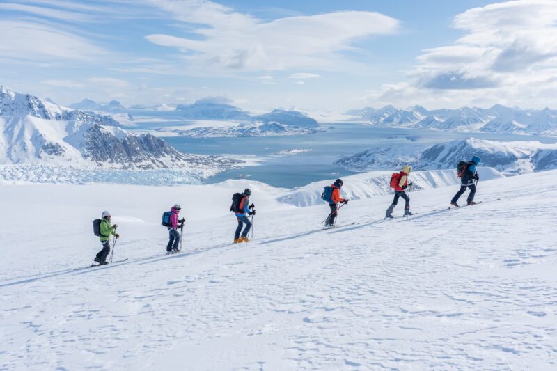Ascent for a small group of backcountry skiiers on a Ski and Sail expedition in Svalbard