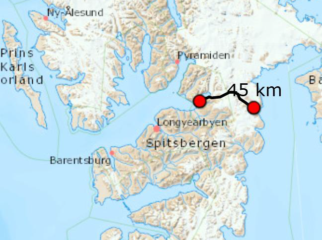 The route for four day Arctic ski crossing from Mohnbukta to Tempelfjorden on Svalbard