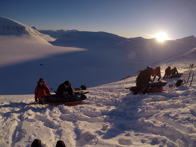 Pulling up the pulks and sledges on the Svalbard ski crossing expedition