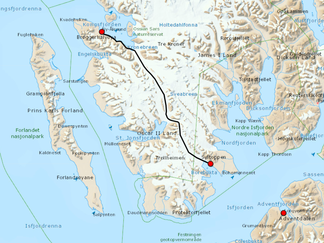 The map showing the ski crossing expedition across Svalbard from Borebukta to Ny-Ålesund