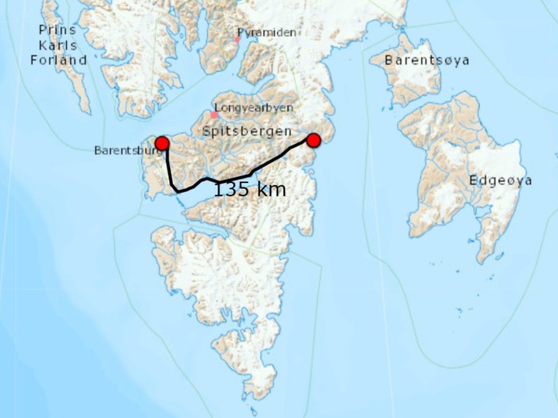 The map of the greates ski crossing expedition on Svalbard