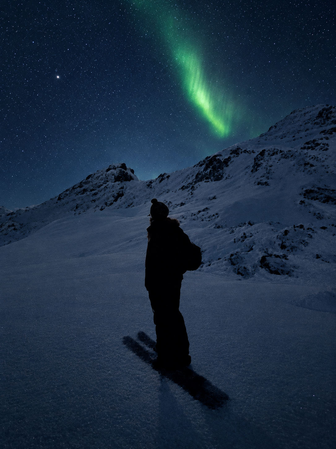 Skiier standing in the backcountry of Svalbard under the green northern lights skies looking at the aurora borealis.
